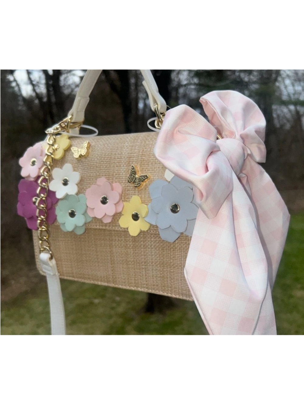 NEW! NWT BETSEY JOHNSON XOMYLO2 Wicker Floral Butterfly Satchel Bag Beige Multi - Picture 2 of 11
